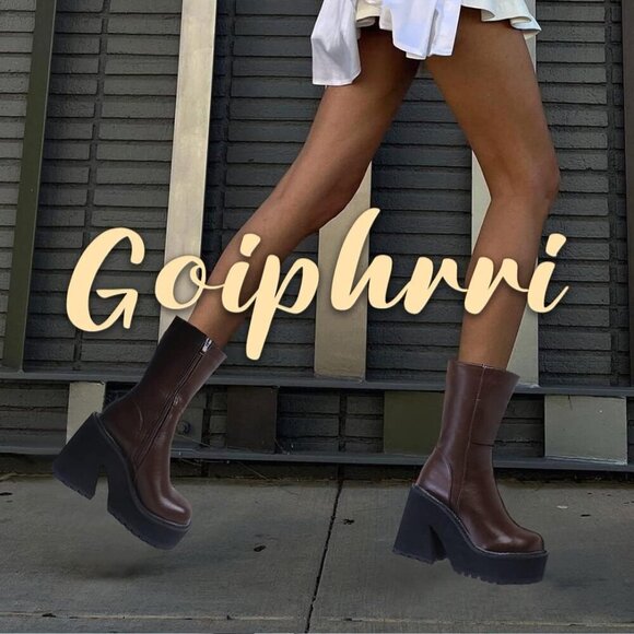 Women Ankle Boots Synthetic Leather Chunky Heel Platform Shoe Size 7.5 - Picture 4 of 6